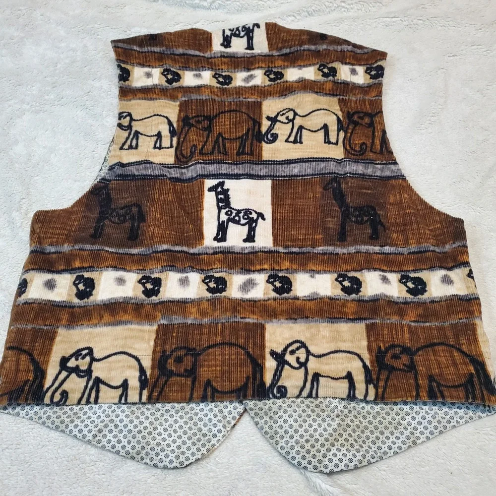 Signum Brown Tan Animal Print Y2K Retro Preppy Rustic Corduroy Button Vest Men M
